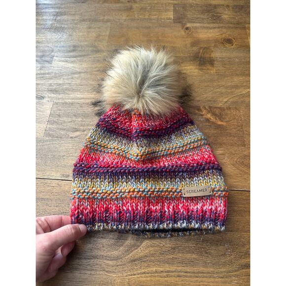 Screamer Natural Pom Multi Color Beanie Hat NWT Skiing Winter Warm - Picture 1 of 7
